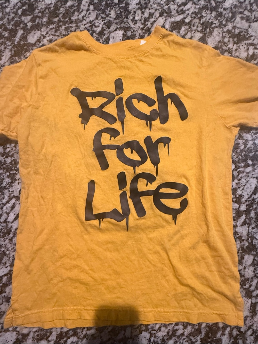 Yellow Graphic Tee with 'Rich for Life' Print
